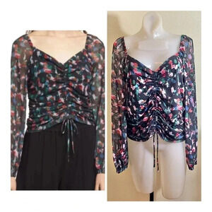 Open Edit Women’s Size L Ruched Mesh Crop Top Black Floral Sheer Sleeve NEW